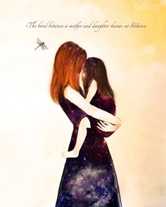 two women hugging each other in front of a sky with stars and a dragon on it