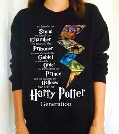 a woman wearing a harry potter sweater with her hand on her hip and the words, some