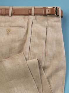 Cream and Nut Glen Plaid Trousers in Pure Linen Elegant Flax Tapered Leg Pants, Classic Flax Trousers, Classic Tapered Leg Bottoms In Flax Color, Classic Tapered Leg Flax Bottoms, Classic Pleated Summer Pants, Semi-formal Tapered Leg Linen Bottoms, Classic Summer Pleated Pants, Summer Classic Pleated Pants, Elegant Fitted Flax-colored Bottoms