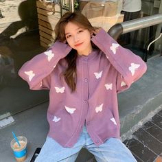 Butterfly Pattern Cute Loose Cardigan Sweater – Nada Outfit Land Purple Long Sleeve Casual Cardigan, Casual Purple Long Sleeve Cardigan, Casual Long Sleeve Purple Cardigan, Oversized Purple Casual Cardigan, Butterfly Cardigan, Outfits Purple, Womens Sweater Coats, Loose Cardigan, Party Dress Long Sleeve