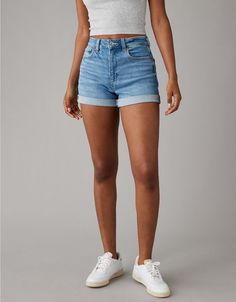 AE Stretch Denim Mom Short Colorful Jean Shorts, Summer Jean Shorts Outfit, Shorts Outfit Casual, Denim Cargo Shorts, Jean Short Outfits, American Eagle Mom Jeans, White Jeans Men, Athletic Fit Jeans, Mom Denim