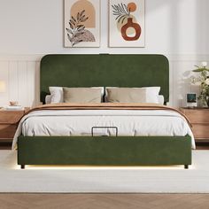 a bed with green upholstered headboard and foot board in a white room