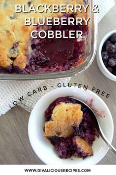 blueberry cobbler in a glass casserole dish on a table with two small bowls