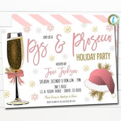 a pink and gold holiday party with a wine glass, santa hat and snowflakes