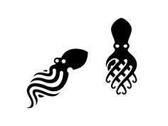 two black and white squid silhouettes on a white background, one with an octopus's head