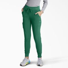 This mid rise jogger has a rib-knit covered elastic waistband with self drawstring. There are six pockets in total: two front patch pockets, two cargo pockets and two back patch pockets. Top of back pockets are finished with reverse hem for subtle design detail. Logo tape instrument loops inside wearer's right cargo pocket. Rib-knit cuffs complete the look. Dickies Women, Work Uniforms, Cargo Pocket, Scrub Pants, Back Patch, Knit Cuff, Hunter Green, Clothing Company, Patch Pocket