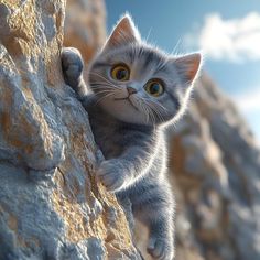 a kitten climbing up the side of a rock