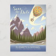 save the date card with an image of a hot air balloon flying in the sky