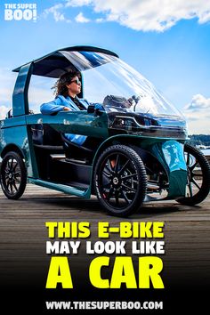 a woman driving a car with the caption, this e - bike may look like a car