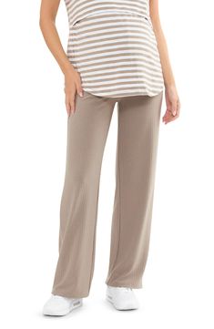 These ribbed pants cut in a straight-leg silhouette are so supersoft and stretchy that you'll want to wear them through your pregnancy and beyond. Pull-on style 78% polyester, 18% viscose, 4% elastane Machine wash, dry flat Imported Stretch Ribbed Wide Leg Pants Full Length, Ribbed Lounging Pants, Stretch Ribbed Wide-leg Pants, Stretch Ribbed Wide Leg Loungewear Pants, Stretch Ribbed Wide Leg Pants For Loungewear, Ribbed Relaxed Fit Straight Pants, Relaxed Fit Ribbed Pants, Ribbed High-waisted Loungewear Pants, Ribbed High-waisted Lounge Pants