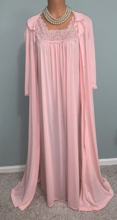 Vintage 2 Pc. Lorraine Peignoir Set Long Pink Nylon Nightgown Robe Lingerie M  | eBay