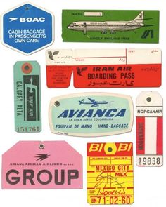 several different types of luggage tags and stickers on a white background, including an airplane