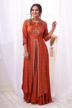 Buy Geetika Jain Orange Hand Embroidered Anarkali With Dupatta Online | Aza Fashions Luxury Orange Anarkali Set With Chikankari Embroidery, Anarkali Dress Pattern Panash India, Cheap Anarkali Traditional Wear For Wedding, Luxury Anarkali Style Saree For Festive Season, Luxury Semi-stitched Anarkali Maxi Dress, Cheap Anarkali Dresses For Diwali, Luxury Orange Anarkali Set With Resham Embroidery, Luxury Anarkali Dress With Traditional Patterns, Painted Anarkali Suits