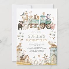 a birthday party card with animals and farm animals on the front, in white paper