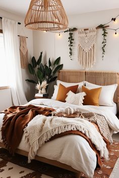 a bed with pillows and blankets on top of it in a room filled with plants