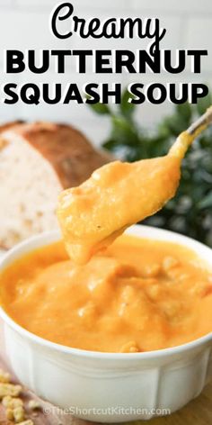 a spoon full of creamy butternut squash soup