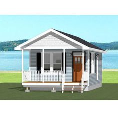 this is a computer rendering of a small house with porches on the front and side