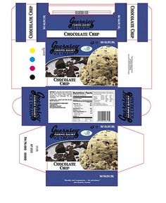 three blue and white paper boxes with chocolate chip cookies