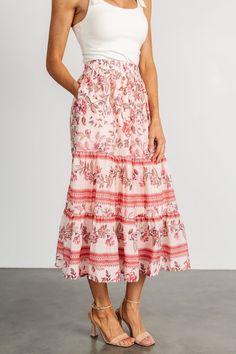 Feminine Tiered Maxi Skirt With Elastic Waistband, Feminine Tiered Lined Maxi Skirt, Feminine Tiered Floral Print Skirt, Casual Tiered Bottoms With Floral Print, Pink Tiered Skirt With Elastic Waistband, Casual Tiered Maxi Skirt With Floral Print, Pink Tiered Feminine Bottoms, Pink Feminine Tiered Bottoms, Feminine Tiered Pink Bottoms