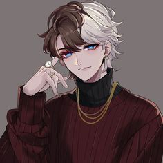 an anime character with white hair and blue eyes wearing a black turtle neck sweater, holding his hand to his ear