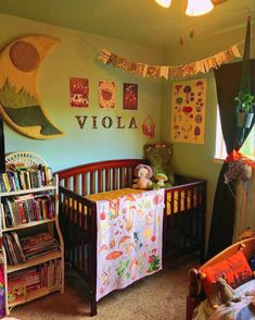 a baby's room with a crib and bookshelf