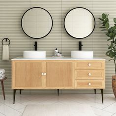 a bathroom with two round mirrors above the sinks and a plant in front of it