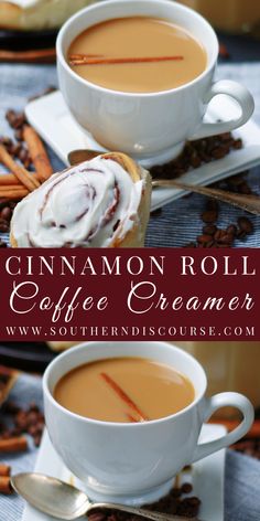 two cups of cinnamon roll coffee creamer with cinnamon sticks on the side and in front