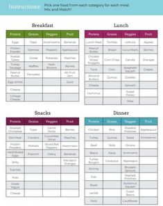 the printable meal plan for kids is shown in three different colors and font options