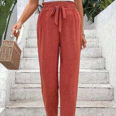 Flattering, Comfortable And Stylish! Never Worn! Elastic Waist, Regular Fit 100% Polyester. Red Non-stretch Bottoms For Day Out, Non-stretch Red Bottoms For Day Out, Shein Pants, Pants Color, Pant Jumpsuit, Elastic Waist, Knot, Pants For Women, Elastic