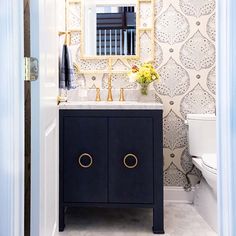 a white toilet sitting next to a bathroom sink under a mirror on top of a wooden cabinet