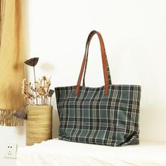 British Style Gingham Tote Tweed Tartan Designer Tote Bag in Dark Green Dark Gray - Morimiss.com Green Canvas Bag, College Tote Bag, Plaid Tote Bag, Plaid Tote, Daily Bag, Linen Cloth, Brown Tote, Cloth Bag, Linen Bag