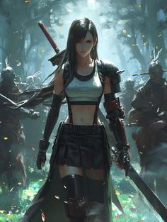 a woman with two swords standing in front of other people on the ground and surrounded by trees