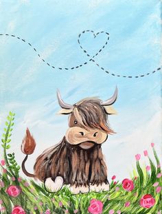 a painting of a brown cow sitting on top of a lush green field with pink flowers