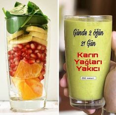 two pictures one with green smoothie, the other with fruit and vegetables in it