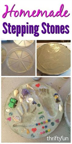 homemade stepping stones for kids to make with their hands and feet in the process of making them