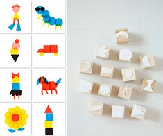 the wooden blocks have different shapes and numbers on them, along with pictures of animals