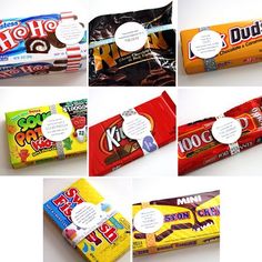 several different types of candy are shown in this collage, including chocolate bars and candies