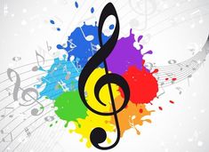 colorful music notes with grungy paint splatters on white and gray background