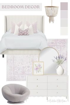 a bedroom with white furniture and pink accents, including a chandelier hanging from the ceiling