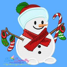 a snowman wearing a hat and scarf with candy canes in his hand, on a blue background