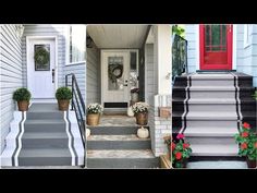 steps leading up to a front door with flowers and potted plants on each step