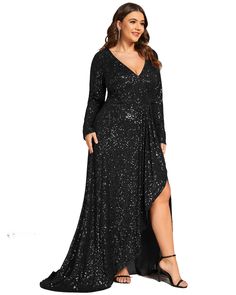 This glamorous evening dress is perfect for any special occasion! Featuring fitted long sleeves, a plunging cross-over v-neck collar with ruched detail, cinched waist and an asymmetrical ruffled hem with a high slit on the front - it's sure to make you stand out in style. Show off your heels in this decadent sequin semi formal gown at weddings, proms, banquets and more! A must-have! Round out your vacation and weekend wardrobe with this plus size dress Ever-Pretty Sequin Long Sleeve V-neck Asymm Summer Evening Dress, Burgundy Evening Dress, Sequin Evening Dress, Red Sequin Dress, Green Evening Dress, Ladies Day Dresses, Sparkly Prom Dresses, A Line Evening Dress, Exquisite Gowns