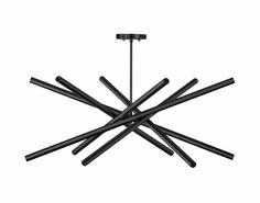 a black chandelier with six rods hanging from it's center and four lights on each side