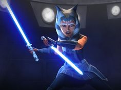 an animated star wars character holding two lightsabes