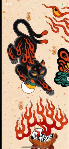 an image of two cats on fire and one cat is jumping over the other with its mouth open