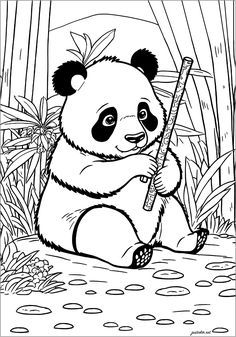 a panda bear sitting on the ground holding a bamboo stick