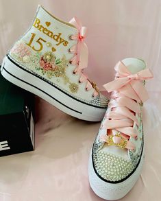 Custom Converse shoes. Custom make for your quinceanera. Shoes are 100% original. We used the finest material to make every detail as beautiful as possible. We use flowers and lace details, rhinestones, paint, to have a unique finish on your shoes. feel free to write a message and tell me the color you need to make the perfect match with your dress dress our processing is 4 weeks Quinceañera Shoes, Diy Galaxy Shoes, Converse Shoes Custom, Sharpie Shoes, Custom Converse Shoes, Quinceanera Shoes, Princess Vintage, Galaxy Shoes, Diy Galaxy