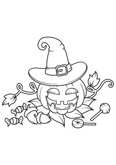 a black and white drawing of a pumpkin wearing a witch hat