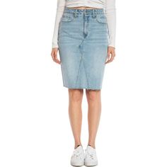 A Lightly Distressed And Faded Denim Pencil Skirt Features An Overlapping Stitched Rise And Raw Cut Hem For Casual Vibes. Zip Fly With Button Closure Five-Pocket Style Denim Construction Raw Hem 99% Cotton, 1% Spandex Denim Pencil Skirt For Spring, Fitted Medium Wash Skirt With Frayed Hem, Spring Medium Wash Denim Pencil Skirt, Chic Stretch Denim Skirt With Frayed Hem, Fitted Denim Pencil Skirt With Frayed Hem, Spring Denim Pencil Skirt, Spring High-waist Medium Wash Pencil Skirt, Trendy Knee-length Denim Skirt With Frayed Hem, Fitted Pencil Skirt With Frayed Hem