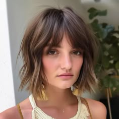 Layered Bob with Curtain Bangs Bobs With Bangs And Glasses, Bob With Shaggy Bangs, Brown Hair Short Bangs, Brunette Bob Bangs, Layered Bob Curtain Bangs, Curtain Bangs With Bob, Messy Bob With Fringe, Layered Bob Bangs, Bob With Curtain Fringe